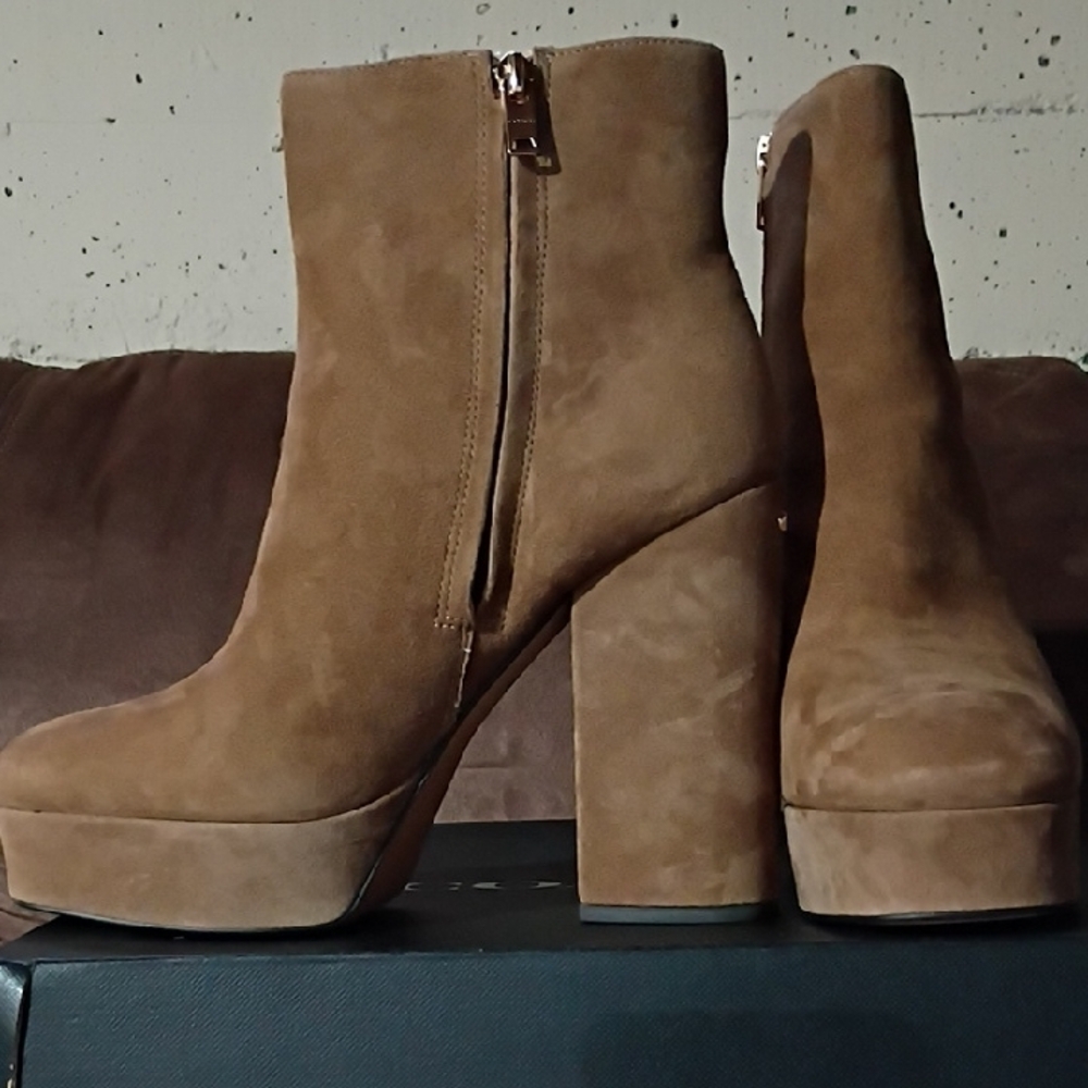 Coach Tan Suede Platform Block Heel Ankle Boots - Picture 3 of 5